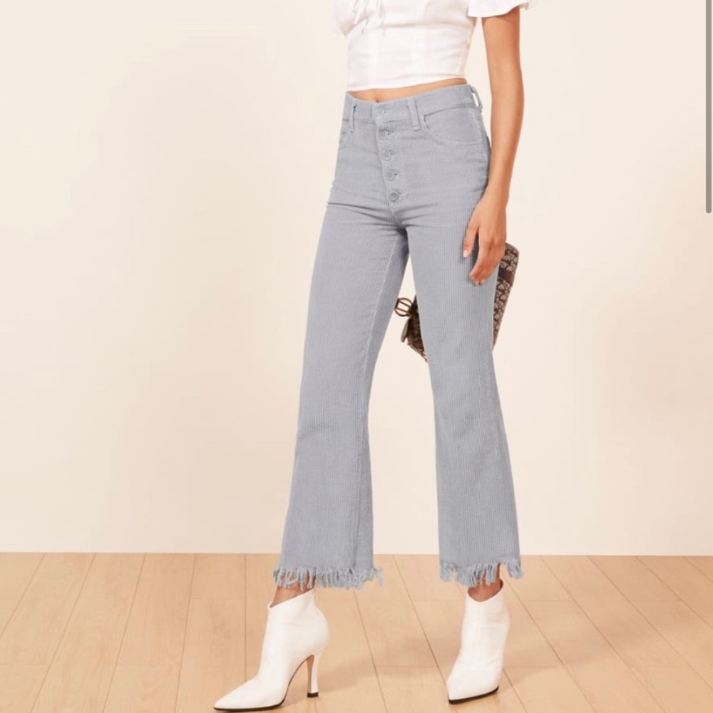 Reformation Light Blue Cropped Fringe Hem Jeans